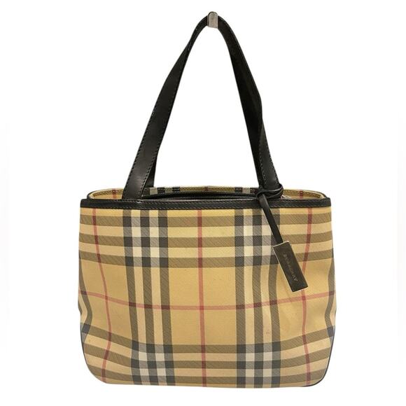 BURBERRY Nova Check Hand Bag Coated Canvas Beige Black Silver